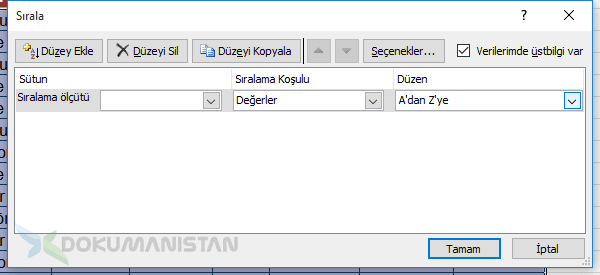 Düzeyli Sıralamada Değerleri A'dan Z'ye sıralama-1