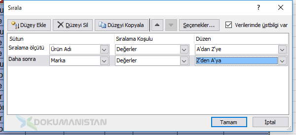 Düzeyli Sıralamada Değerleri A'dan Z'ye sıralama-2