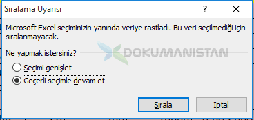 Sıralama Uyarısı Geçerli Seçime Devam Et
