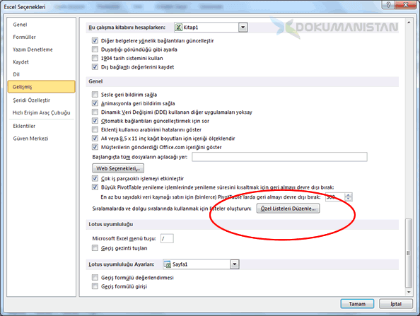 Excel Seçenekler Özel Listeleri Düzenle