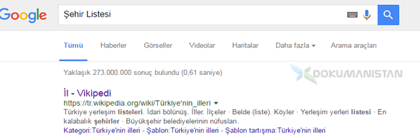 Google Sehir Liste aratması wikipedia