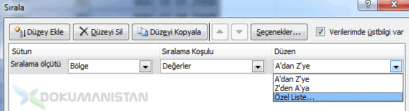 Özel Liste Düzeyli Sıralama Kullanımı