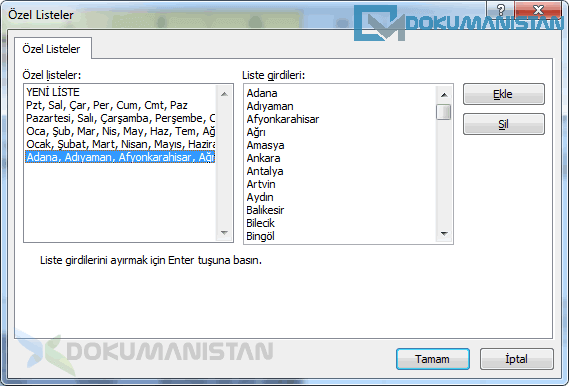 Özel Liste Ekranı İller Eklenmiş Hali