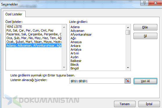 Özel Liste Ekranı