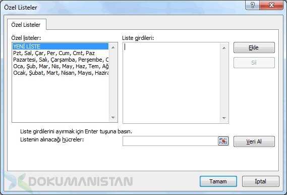 Özel Listeler Liste Girdileri Ekranı