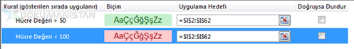 Koşullu Biçimlendirme İki boyutlu Koşul Detayı