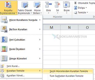 Koşullu Biçimlendirme - Kuralları Temizle - Seçili Hücrelerden Kuralları Temizle