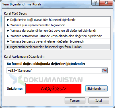 Tüm Satırı Renklendirme formülü