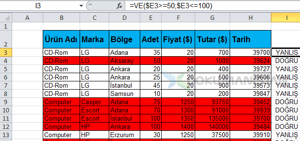 Koşullu Biçimlendirme Formül VE Fonksiyon Tablosu DOĞRU YANLIŞ Gösterimi
