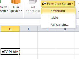 Formülde Kullan Verilen İsimler listesi