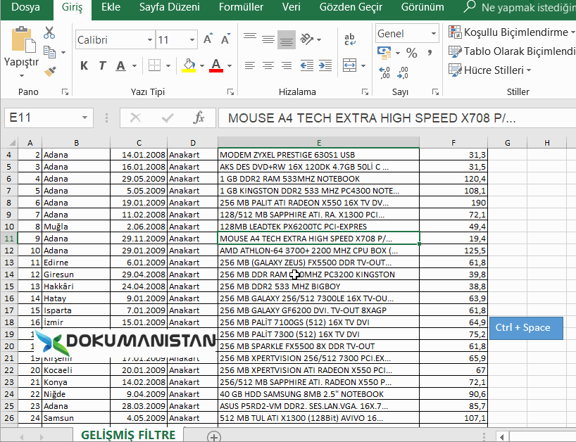 Excel CTRL + Space Kısayolu