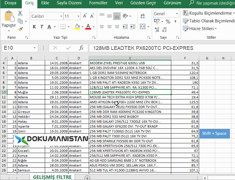 Excel Shift + Space Kısayol