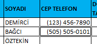 Hücre Biçimlendirme Telefon Numarası Kontrol