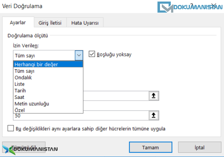 Veri Doğrulama Ayarlar İzin Verilen Alanları