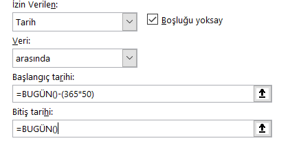 Veri Doğrulama Formül İle Tarih Arasında İşlemi