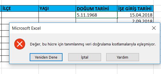 Veri Doğrulama Formül İle Tarih Arasında Kontrol