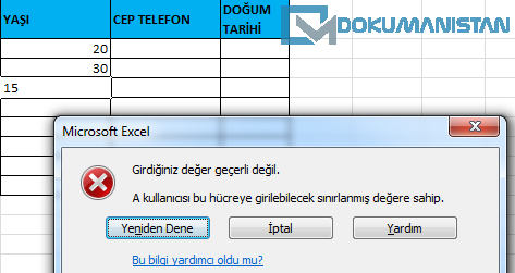 Veri Doğrulama İki Sayı Arası Kontrolü