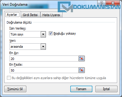 Veri Doğrulama İki Sayı Arası Yapılışı