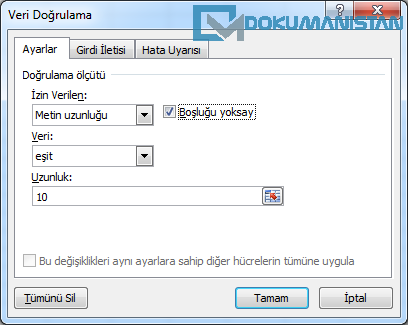 Veri Doğrulama Metin Uzunluğu Ekranı