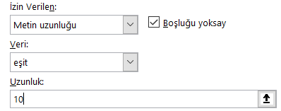 Veri Doğrulama Metin Uzunluğu Eşit