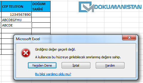 Veri Doğrulama Metin Uzunluğu Harf Girme Sorunu