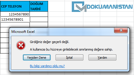 Veri Doğrulama Metin Uzunluğu Kontrolü