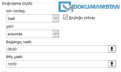 Veri Doğrulama Saat Arasında İşlemi