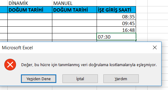 Veri Doğrulama Saat Arasında Kontrol