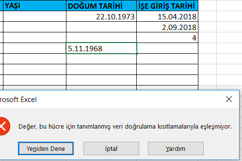 Veri Doğrulama Tarih Arasında Kontrolü