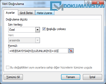 Veri Doğrulama VE ESAYIYSA UZUNLUK Formülü