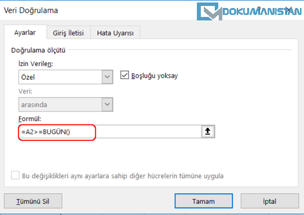 Bugün Formülü ile Veri Doğrulama