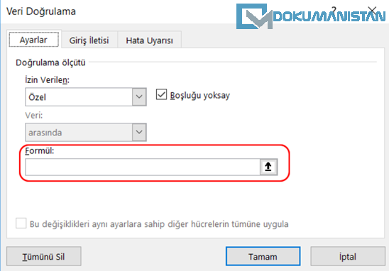 Veri Doğrulama Ekranı Ayarlar Formül
