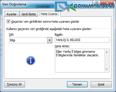 Veri Doğrulama Hata Uyarısı Bilgi Menüsü
