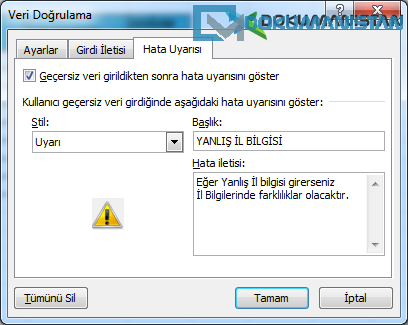 Veri Doğrulama Uyarısı UYARI Menüsü