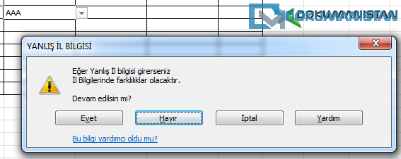 Veri Doğrulama Hata Uyarısı Uyarı Görünümü