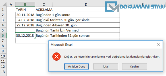 Veri Doğrulama İki tarih arası Veri Kontrolü