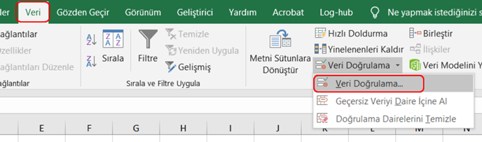 Veri Doğrulama Menü Seçimi
