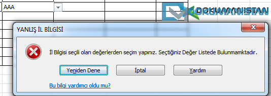 Veri Doğrulama Hata Uyarısı Dur görünümü