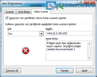 Veri Doğrulama Hata Uyarısı Dur Menüsü