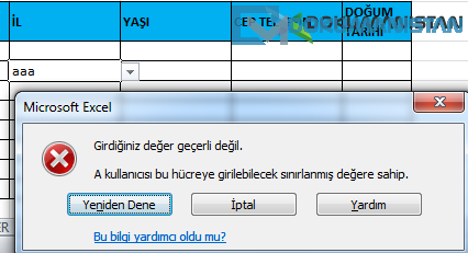 Veri Doğrulama Hata Uyarısı Görünümü
