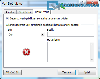 Veri Doğrulama Hata Uyarısı Sekmesi