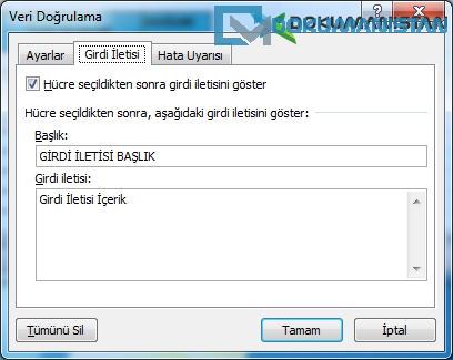 Veri Doğrulama Menü Girdi İletisi Sekmesi