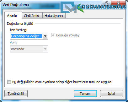 Veri Doğrulama Menüsü Ayarlar Sekmesi