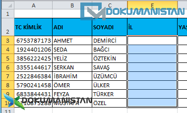 Veri Doğrulamada İl Bilgisi Seçilerek Alanlar