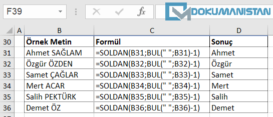 Hücrede Birleşik Ad Soyaddan Adını Alma Sonuç