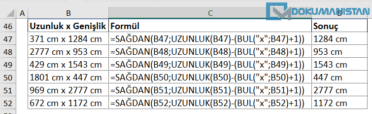 Ortak karakterdeki değeri Referans alarak SAĞDAN değer Almak Sonuç
