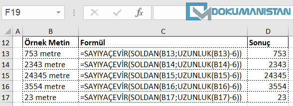 Sayıdan Metin Değerini Ayır Sonuç