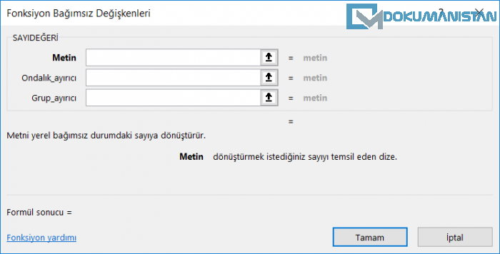 SAYIDEÄERÄ° Fonksiyonu (NUMBERVALUE Function)