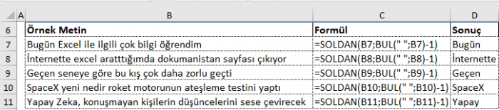 Hücredeki cümleden ilk kelimeyi al