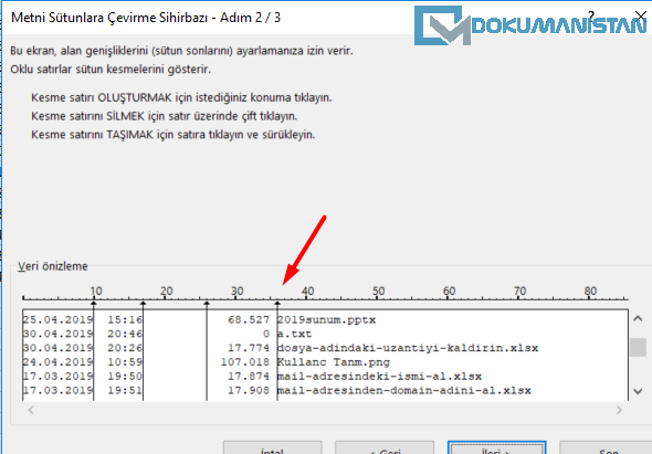Excel Metni Sütunlara Dönüştür 2-3 Aşama